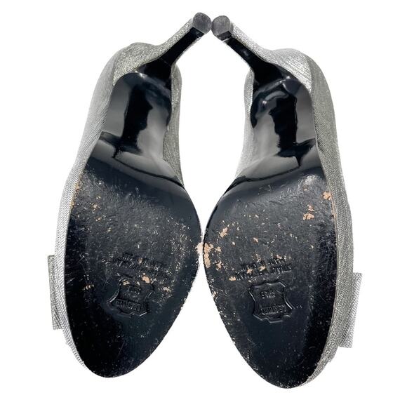 Stuart Weitzman silver pewter Bowright peep toe bow platform pumps size 8 - Picture 5 of 16